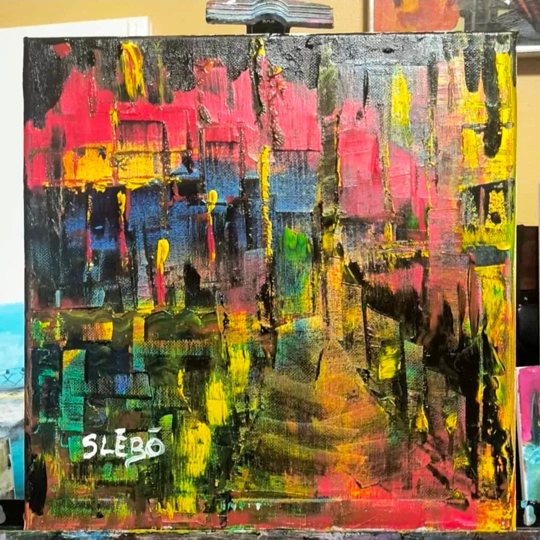 Vibrant Abstract Cityscape by Slebo – Urban Design | Magnet 2″ × 2″
