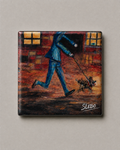 Man Walking His Dog by Slebo – Urban City Scene | Magnet 2″ × 2″