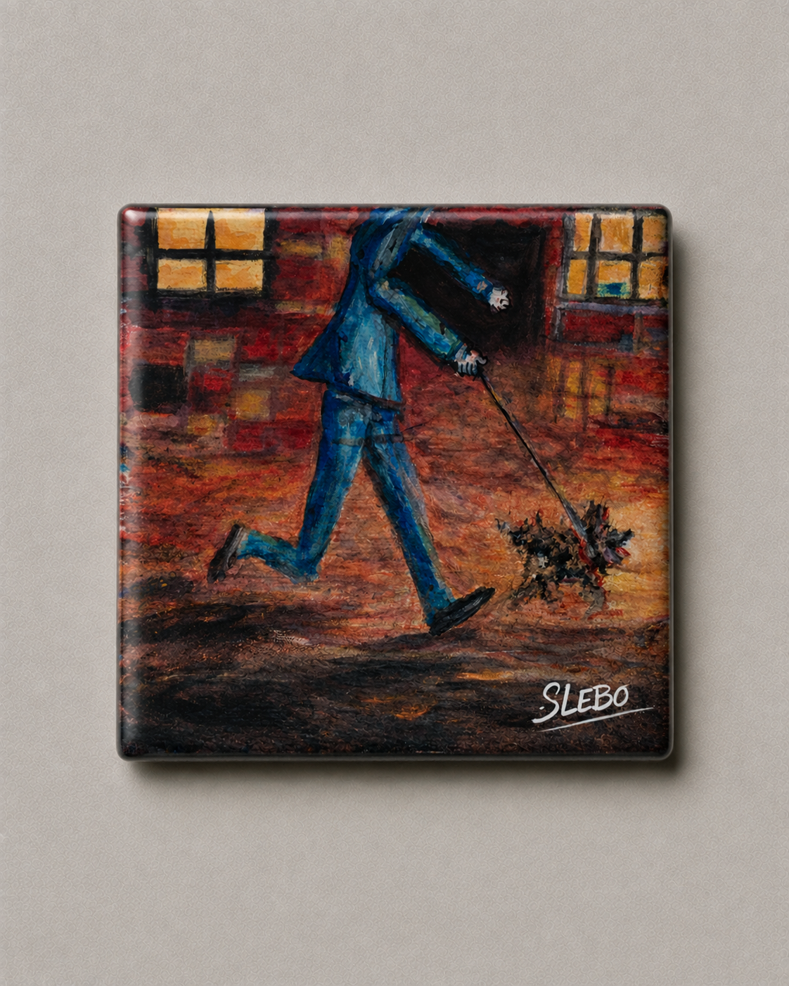 Man Walking His Dog by Slebo – Urban City Scene | Magnet 2″ × 2″