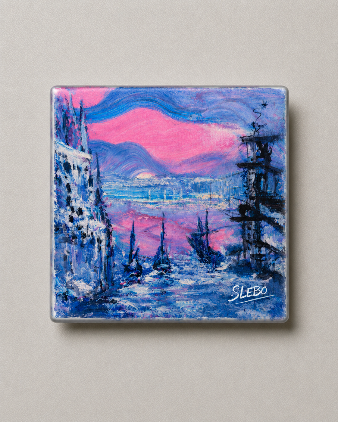 Harbor Sunset Art Slebo – Coastal Scene | Magnet 2″ × 2″