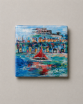 Red Sailboat by Slebo – Harbor Scene | Magnet 2″ × 2″
